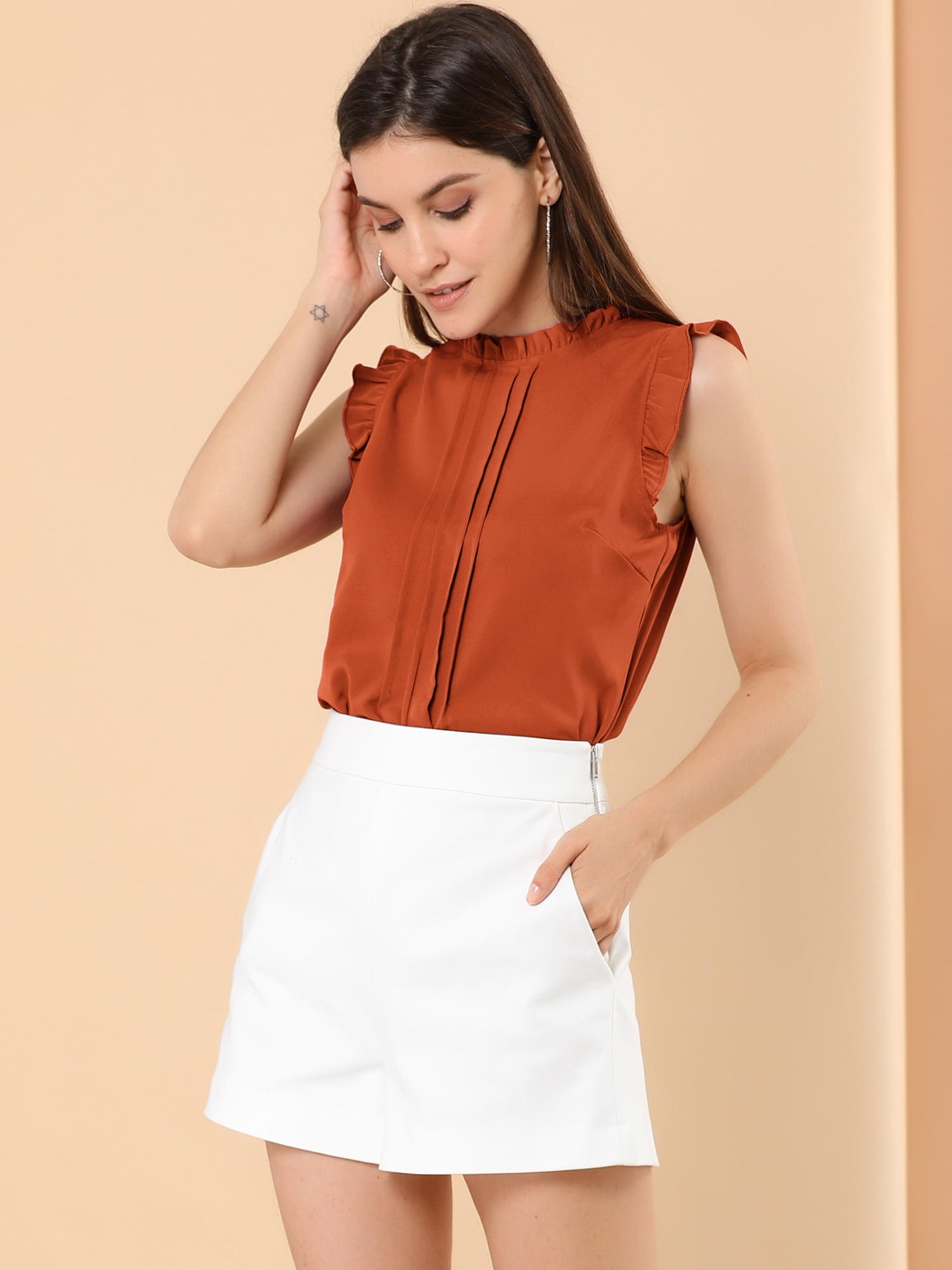 DARING DIVA Women's Ruffled Trim Pleated Plain Blouse Top 2XL Dark Orange