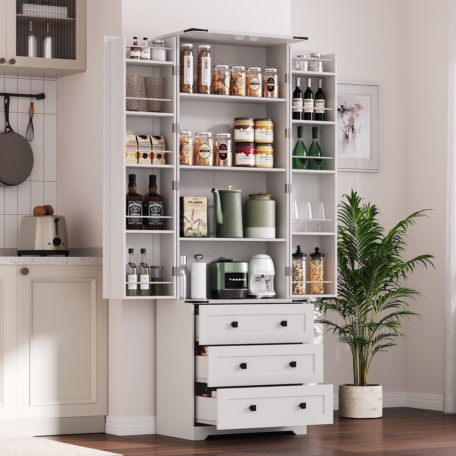 72" Tall Kitchen Pantry Cabinet with 3 Drawers&2 Barn Doors, Farmhouse  Storage Cabinet with Adjustable Shelves for Kitchen, Dining Room and Living Room
