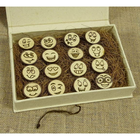 Round Wood Engraved Small Faces Emotions 16 Fridge Magnet Souvenir Gift