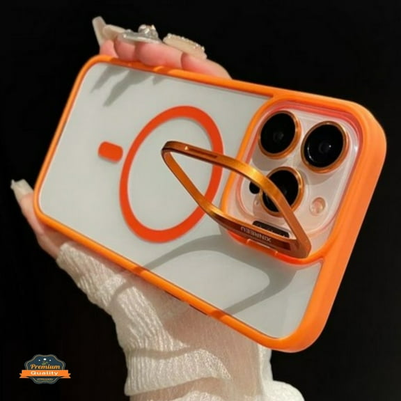 For Apple iPhone 17 Pro Clear Back Hybrid with MagSafe Compatible Metal Camera Stand Colorful Bumper Frame Shockproof Phone Case Cover by Xpression, Orange