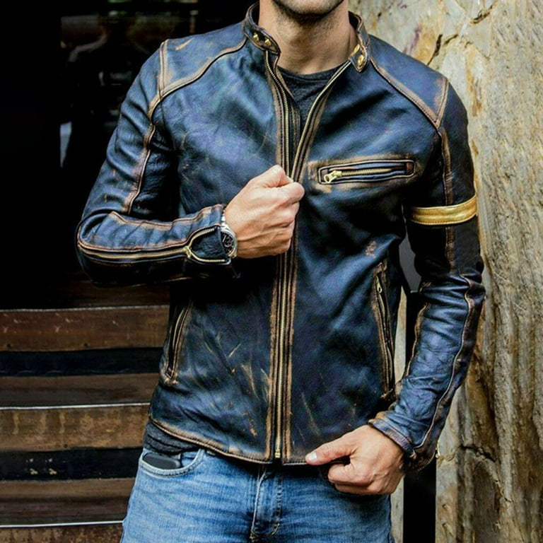 ジャケット・アウター Vintage stand collar leather jacket Jackets & Coats | Wulful Mens Vintage Stand Collar Leather