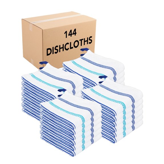 Arkwright Premier Kitchen Dishcloths (Bulk Case of 144), 100% Cotton, 13x13 in., White with Blue & Navy Stripes