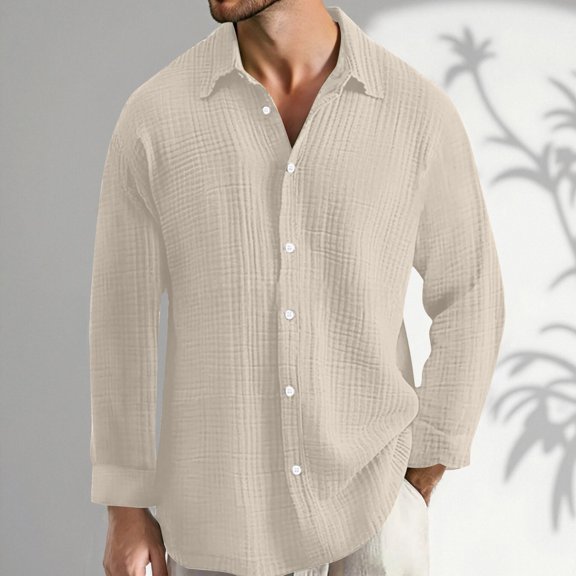 Huowey Mens Shirts Summer Solid Color Long Sleeve Button Down Lapel Loose Fit Turndown Collar Beach Casual Fashion Breathable Holiday Loose Relaxed Lightweight Blouse Tops Cozy Dailywear,Beige,L