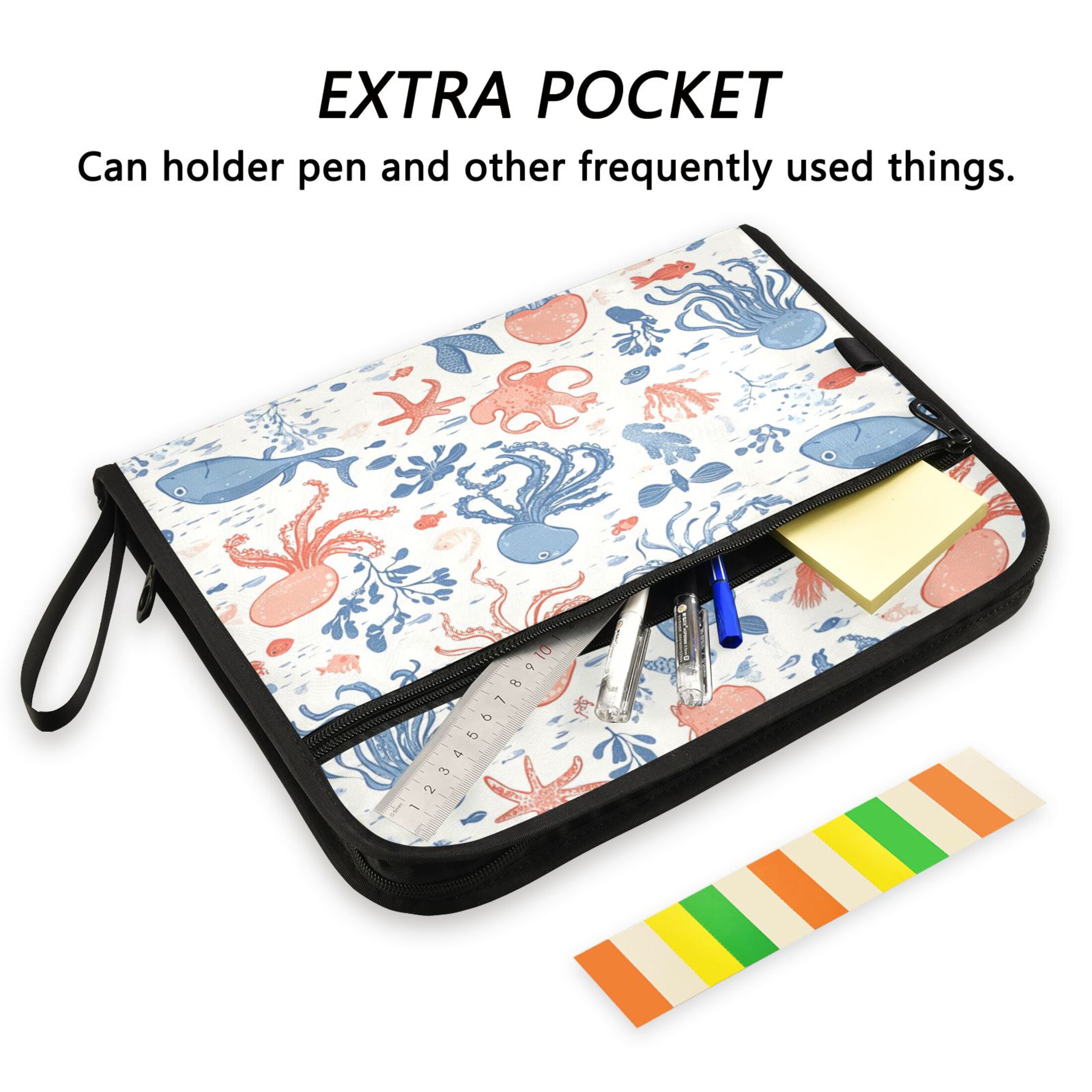 Accordion File Organizer with Zip Closure 13 Pockets Expanding File Folder Letter A4 Paper Document Organizer for Home Office Pastel Colors Sea Creatures