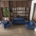 thumbnail image 3 of LeisureMod 3-Piece Sofa Set with 2 Single-Seater and a Three-Seater Wide Couch Upholstered in Leather with Stainless Steel Legs Removable Back Cushion and Foam Filled Seat Inno Series in Dark Blue, 3 of 12