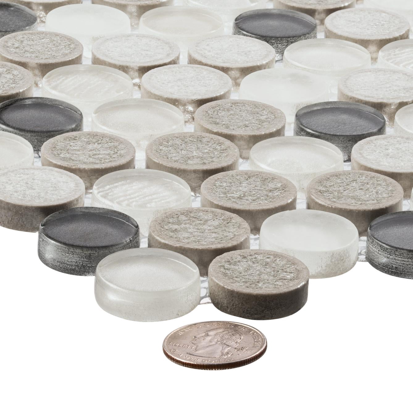 Polka Pixel Gray 1-in. Vintage Penny Round Glass, Ceramic & Natural Stone Mosaic Wall and Floor Tile