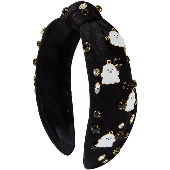 Slccxzc Halloween Headbands for Women Gothic Ghost Knotted Headband Embellished Rhinestone Pearl Top Knot Headbands Halloween Party