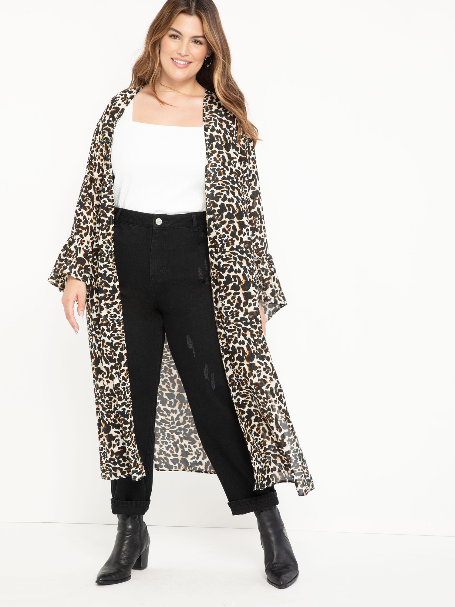 ELOQUII Elements Plus Size Leopard Print Duster with Statement Sleeves - image 1 of 4