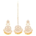 thumbnail image 1 of Efulgenz Indian Maang Tikka Earrings Set Bollywood Crystal Kundan Faux Pearl Head Chain Big Dangle Earrings Jewelry Set, Yellow, 1 of 5