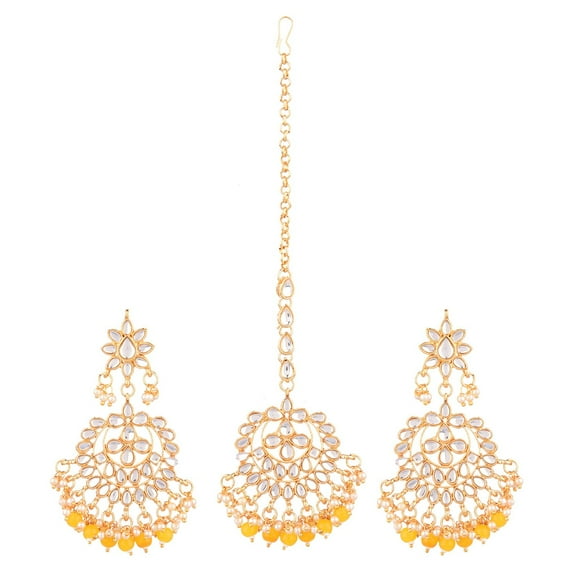Efulgenz Indian Maang Tikka Earrings Set Bollywood Crystal Kundan Faux Pearl Head Chain Big Dangle Earrings Jewelry Set, Yellow