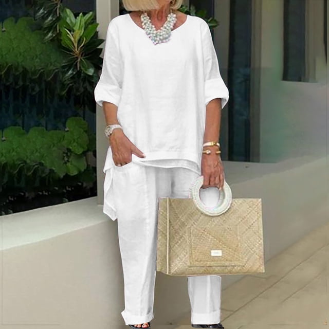 ICHUANYI Clearance Women's Solid Cotton Linen Round Neck Long Sleeve Loose Casual Set(White, XL) ICHUANYI WER2023080812871