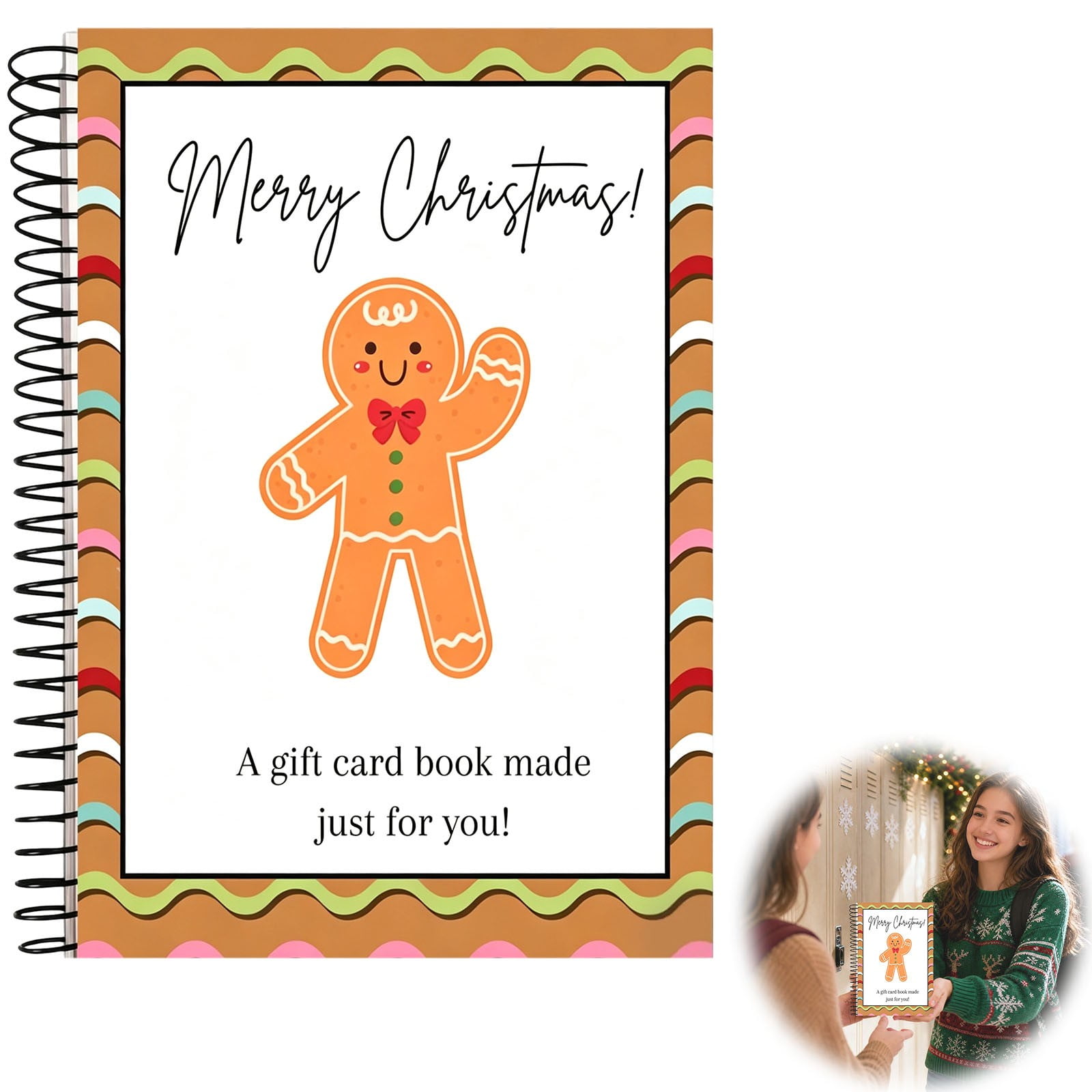 Lypsnake Merry Christmas Gift Card Book Gingerbread Cover Spiral Bound Christmas Gift Card Holder Book Christmas Keepsake Book for Collecting Xmas Cards
