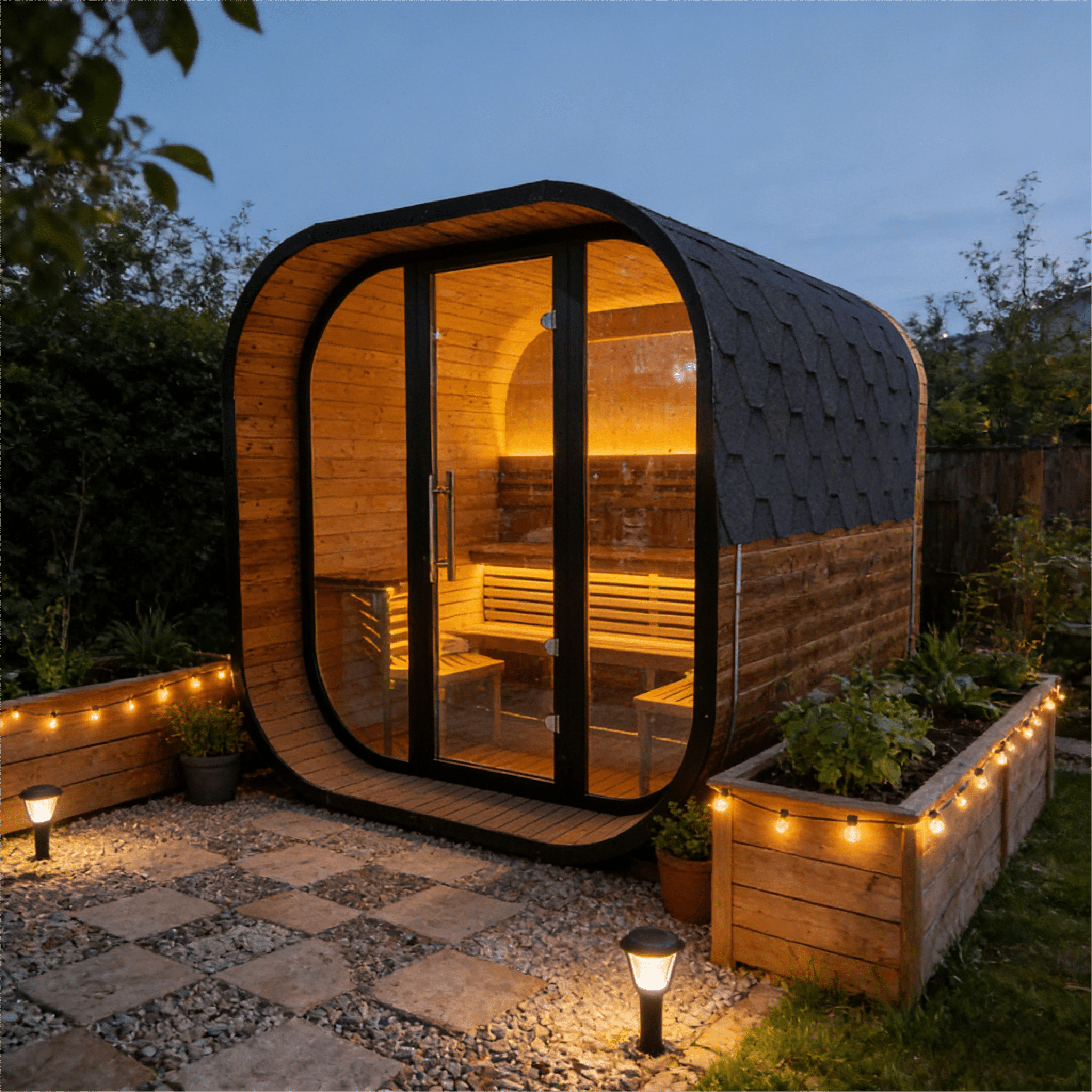 4-6 Person Black Square Premium Thermo Spruce Wood Outdoor Sauna