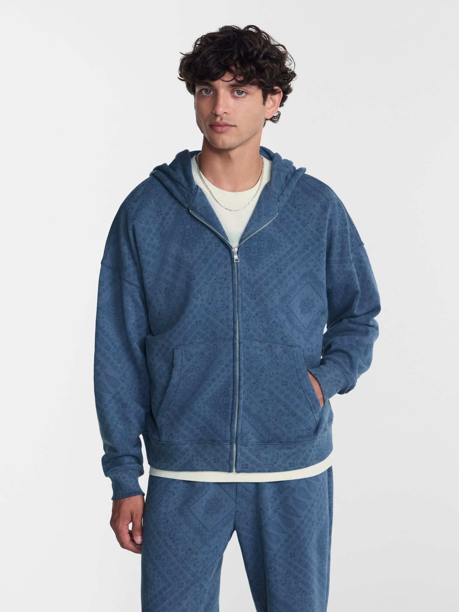 No Boundaries Boxy Oversized Fit Fleece Zip Hoodie Sweatshirt with Long Sleeves, Men's XS-4XLT