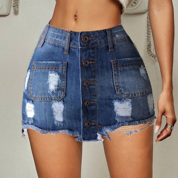 LYMAYTER Distressed Denim Mini Skirt for Women's Button Front Frayed Raw Hem Ripped Mini Denim Skirts