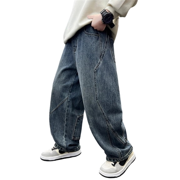 FYDUU Boys Baggy Jeans Wide Leg Denim Pants with Pockets Elastic Waist Loose Fit Jeans Casual Trousers Streetwear Autumn School Wear Fashion Slacks 7-8 Years