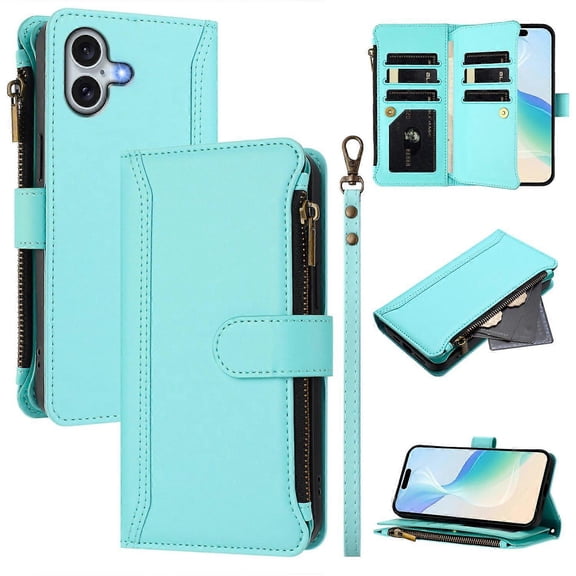 Compatible with iPhone 16 Plus Leather Case 9 Card Slots Zipper Wallet Stand Phone Case with Wrist Strap