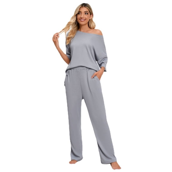 LYMAYTER S-5XL Women Summer Sleepwear Sets Solid Color Crew Neck Knit Top Loungewear Casual Set
