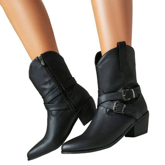 Black Brown Leather Ankle Boots for Women Chunky Heel Pointed Toe Buckle Strappy Zipper Fall Winter Riding Booties