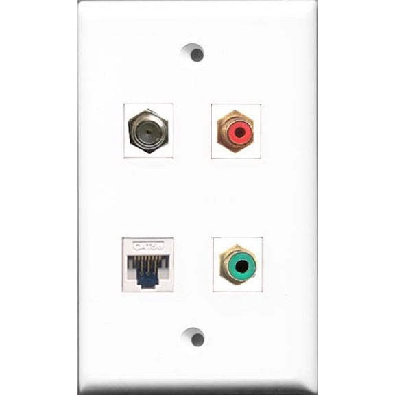 RiteAV 1 Port RCA Red and 1 Port RCA Green and 1 Port Coax Cable TV- F-Type and 1 Port Cat5e Ethernet White Wall Plate