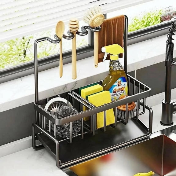 DIFELOP Kitchen Sink Organizer Caddy with High Brush & Sponge Holder, 304 Rustproof Stainless Steel Countertop Decor, Kitchen Accessories for Sink Area