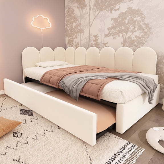 Luckynote Twin Upholstered Bed, Pull Out Sofa Bed, Metal Frame Daybed for Adults, Single Bed, Cama Individual, Beige