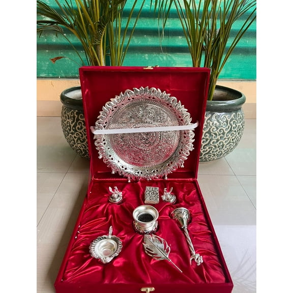 german silver lotus petal designer pooja thali with ghunghroo in gift box for housewarming/ festival/gift item