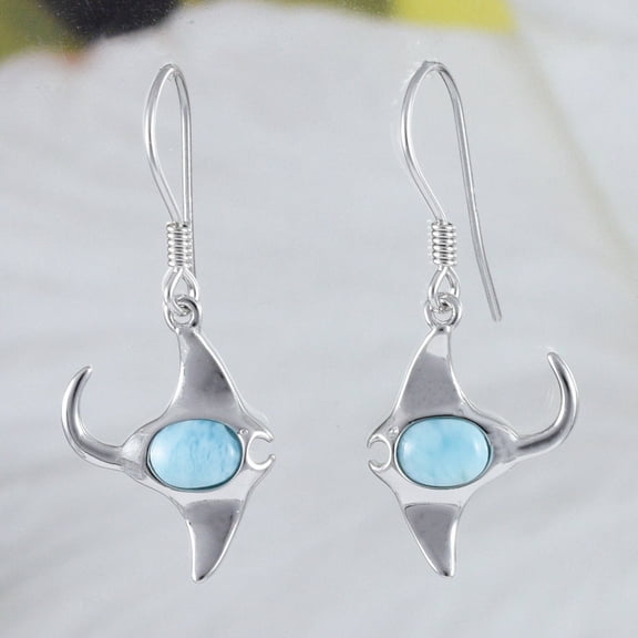 Unique Hawaiian Genuine Larimar Manta Ray Earring, Sterling Silver Larimar Manta Ray Dangle Earring, E8472 Birthday Mom Wife Valentine Gift