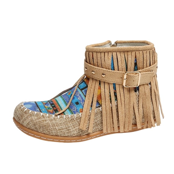 Xfvqtps Winter Boots for Women Ankle Boots Flat Fashion Boho Boots Tassel Buckle Decor Side Zipper Comfortable Unique Style Brown