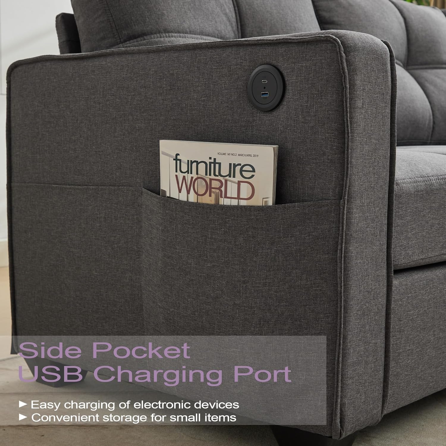 LAZZO 65" Loveseat Sofa with USB Charging Ports, 2-Seat Faux Leather Couch for Living Room & Office, Gray