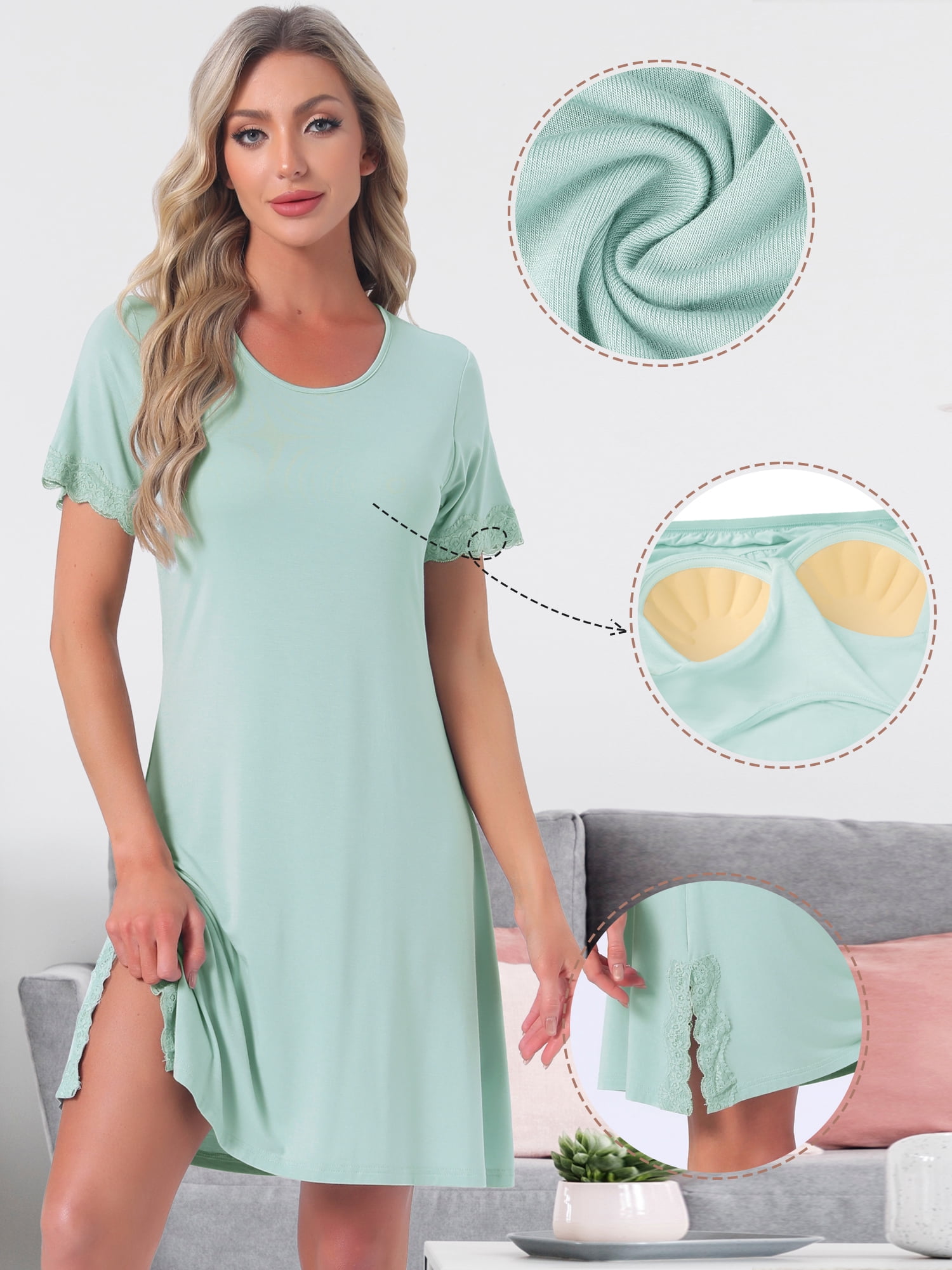 DARING DIVA Women's Nightgown Lace Trim Short Sleeve Sleepwear XL Light Green