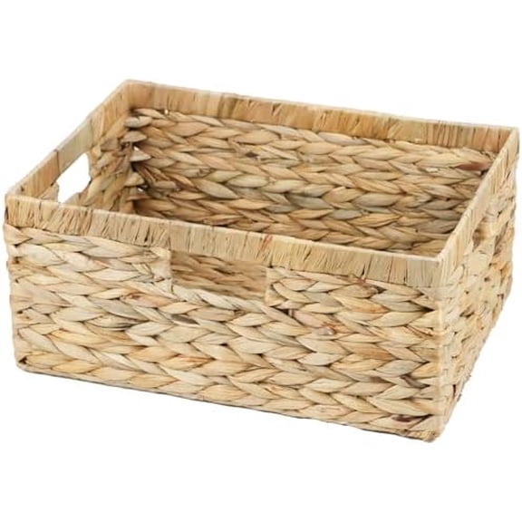 Large Wicker Basket, 15" Water Hyacinth Wicker Storage Baskets for Organizing, Rectangular Storage Baskets for Shelves, Rattan Woven Basket with Built-in Handles, 1 Pack (Natural, Large)