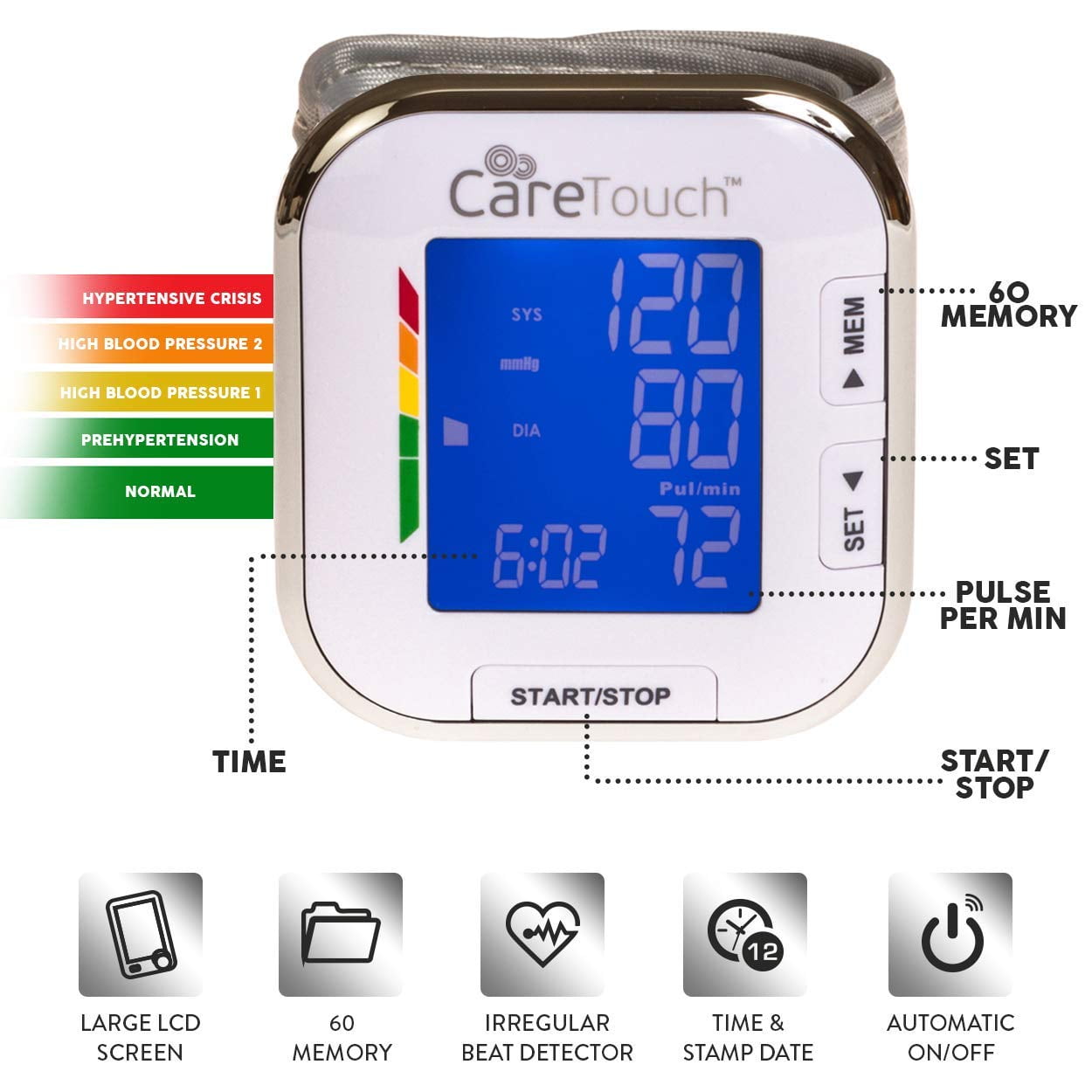 Care Touch Digital Wrist Blood Pressure Monitor with Batteries and ...