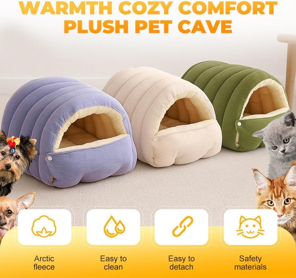 Warmth Cozy Comfort Plush Pet Cave, 2-in-1 Cozy Monster Cat Bed with Removable Cushion, Warm Nest Sleeping Bed Puppy House for Indoor Cats Small Dogs, Foldable Burrow Dog Sleeping Bag(Green,L)