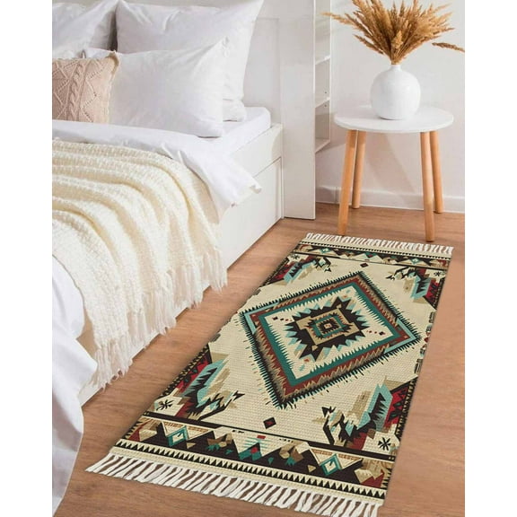 Boho Red Teal Brown Hallway Runner Rug 2x6ft,Southwestern Vintage Geometric Washable Woven Living Room Bedroom Kitchen Bathrom Carpet with Tassels,Indoor Outdoor Throw Door Mat for Entryway
