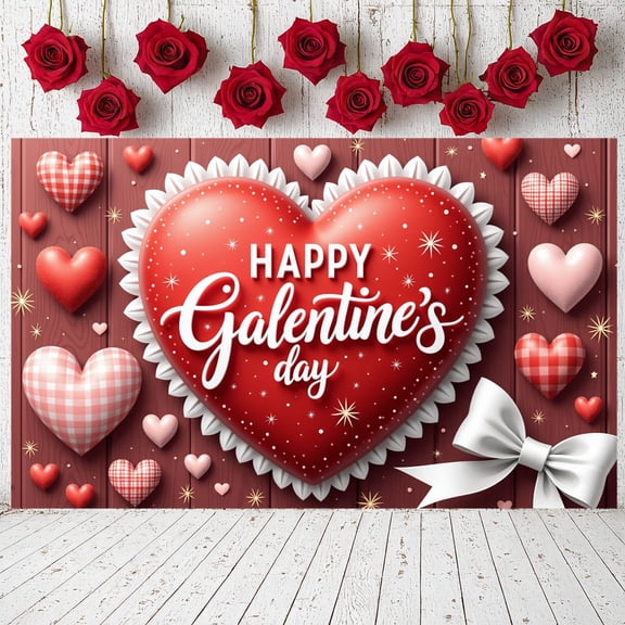 Red Hearts Galentine Banner Gold Stars BFF Display Lipstick Design Gift Box Pattern Friendship Backdrop for Galentine's Day Party BFF Gathering Girls' Night