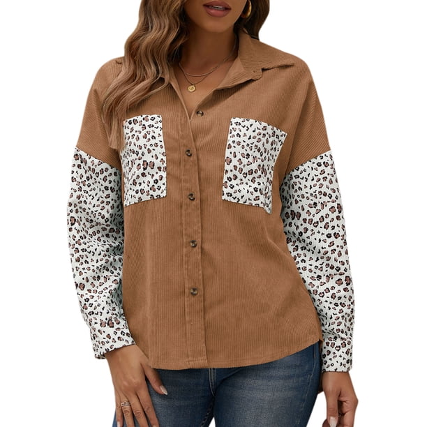 Camisa suelta de mujer Pana Estampado de leopardo Botones de manga larga Camisas de gran tamaño Irfora Camisa de mujer