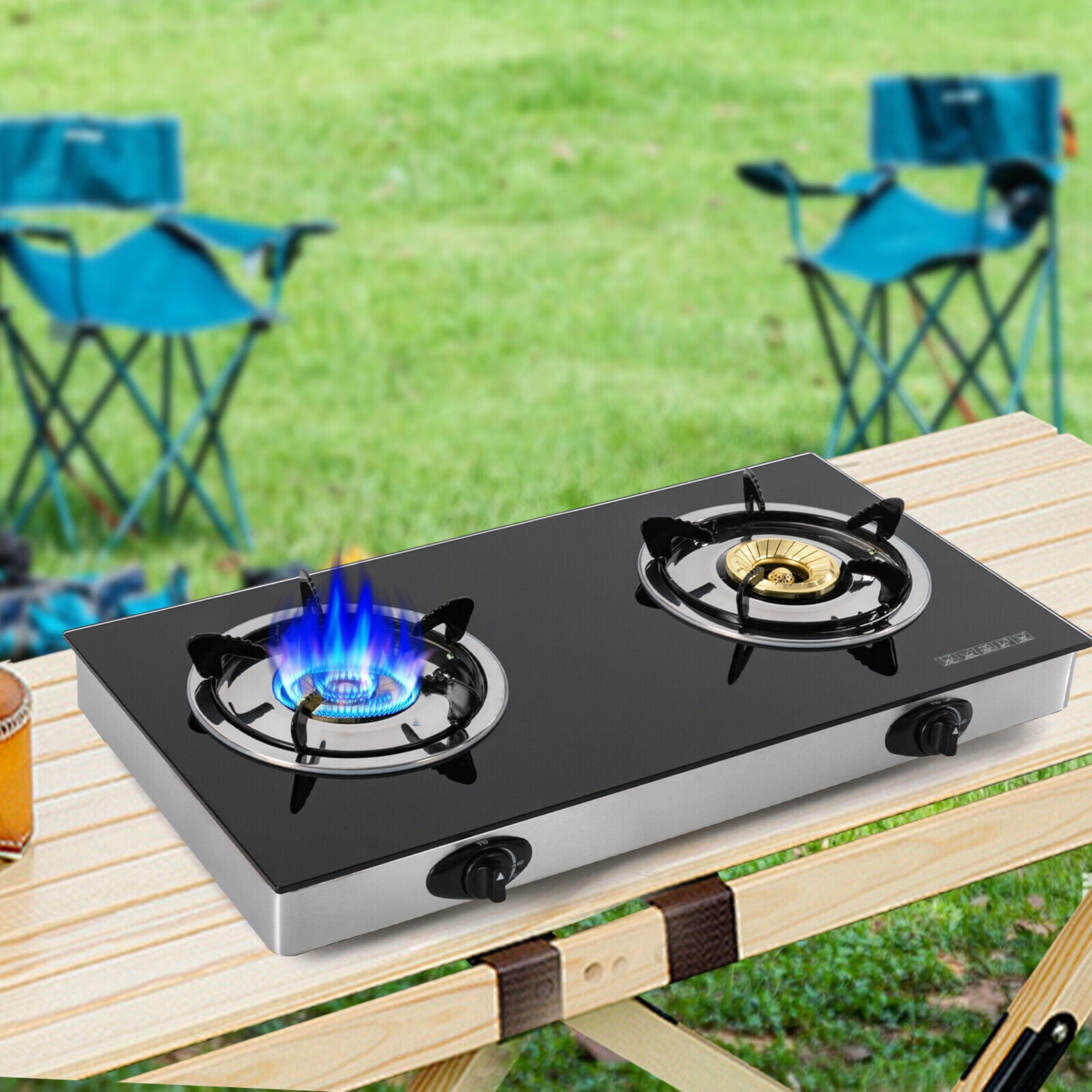 2-Burner Gas Stove Countertop Gas Stove Portable Auto Ignition LPG Stove Durable