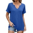thumbnail image 2 of LYMAYTER ‌V Neck Top for Women Solid Color Short Sleeve Breathable Spring Summer Loose Tees for S-2XL, 2 of 10