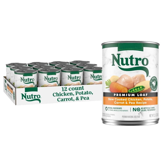 Nutro Premium Loaf Adult Natural Grain Free Slow Cooked Chicken, Potato, Carrot & Pea Recipe Wet Dog Food, 12.5 oz., Case of 12