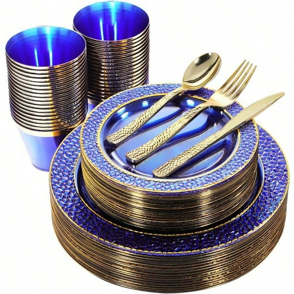 150PCS Clear Blue Plastic Plates Gold Party Plates Blue And Gold Dinnerware Set Include: 50 Disposable Plate 25Cups 25Forks 25Knives 25Spoons For Wedding Party Father's Day