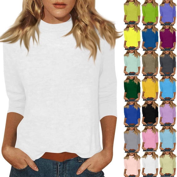 Mock Neck Tops for Women 3/4 Sleeve Dressy Casual T Shirts Loose Fit Spring 2026 Lightweight Solid Work Blouses White S
