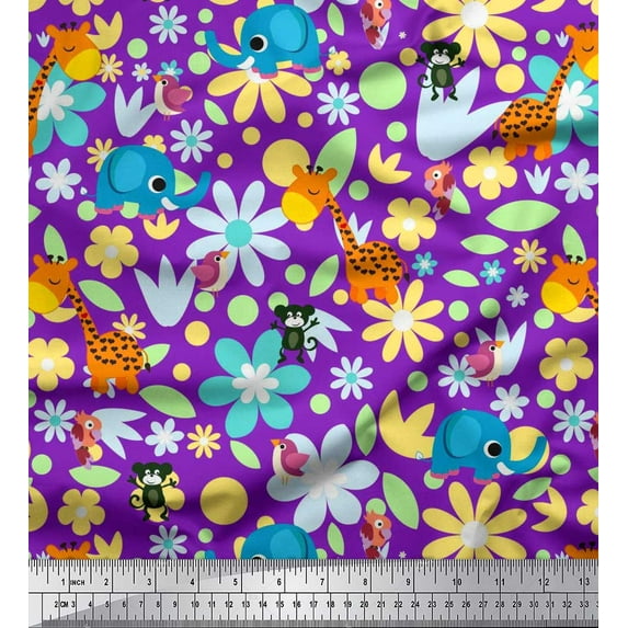 Soimoi Polyester Crepe Fabric Floral,Bird & Animal Cartoon Print Fabric by The Yard 52 Inch Wide
