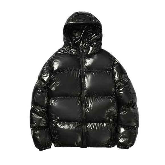 WRKEKC Down Jacket Mens Hooded Shiny Puffer Jacket with Zipper Pockets Long Sleeve Quilted Cotton Outerwear Winter Warm Casual for Men