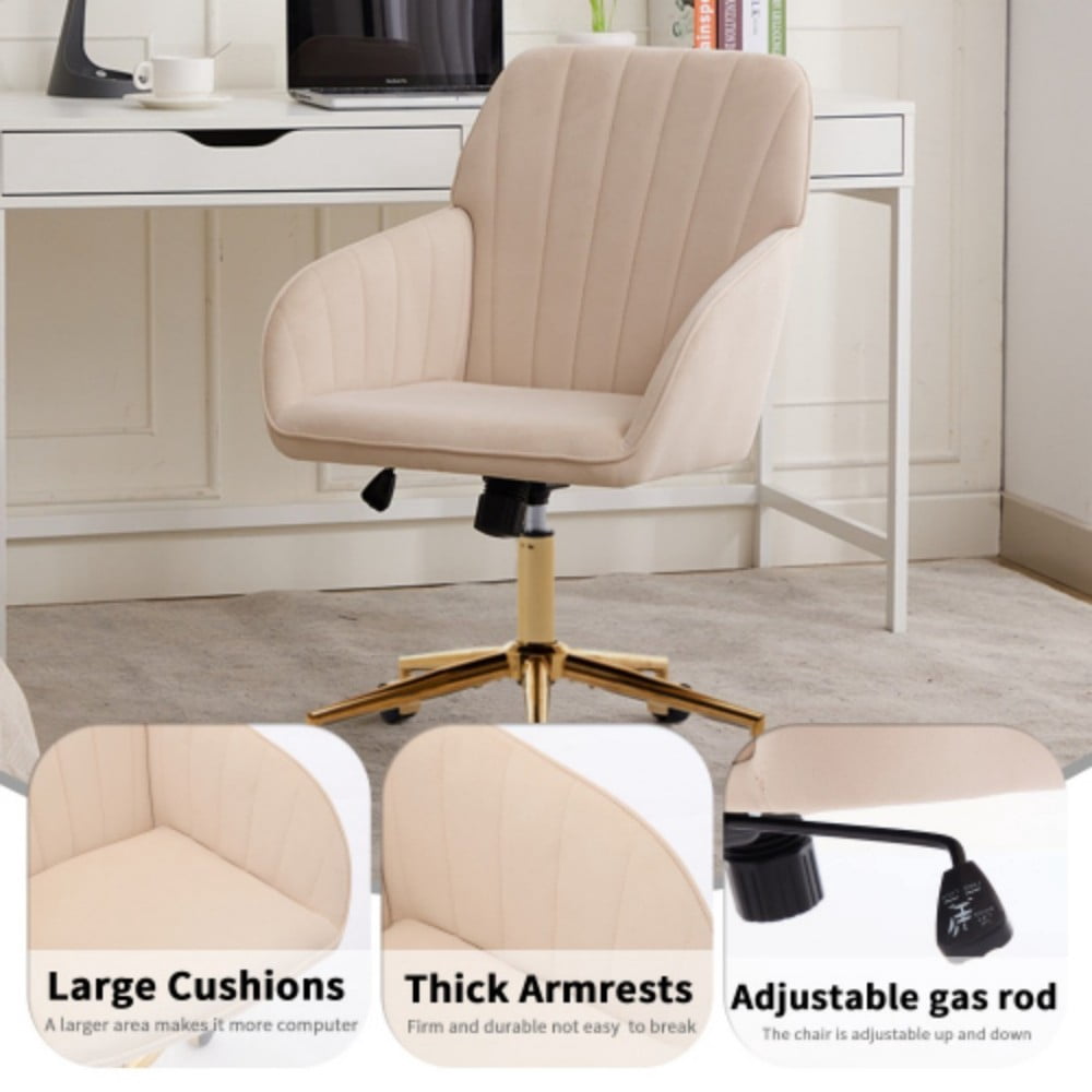 Ergonomic Office Chair, Upholstered Swivel Desk Chair with Memory Foam Cushion, Adjustable Backrest, Golden Metal Base for Home Office & Bedroom, Khaki