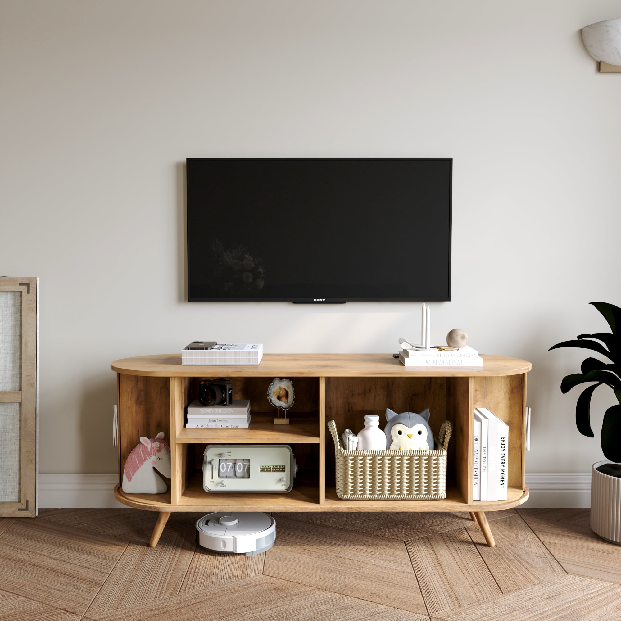 50 inch TV Stand with Power Outlet, Fluted Entertainment Center for TVs Up to 55 inch, Modern TV Console with Large Storage & Sliding Doors, Media Console for Living Room/Bedroom, Nature Oak