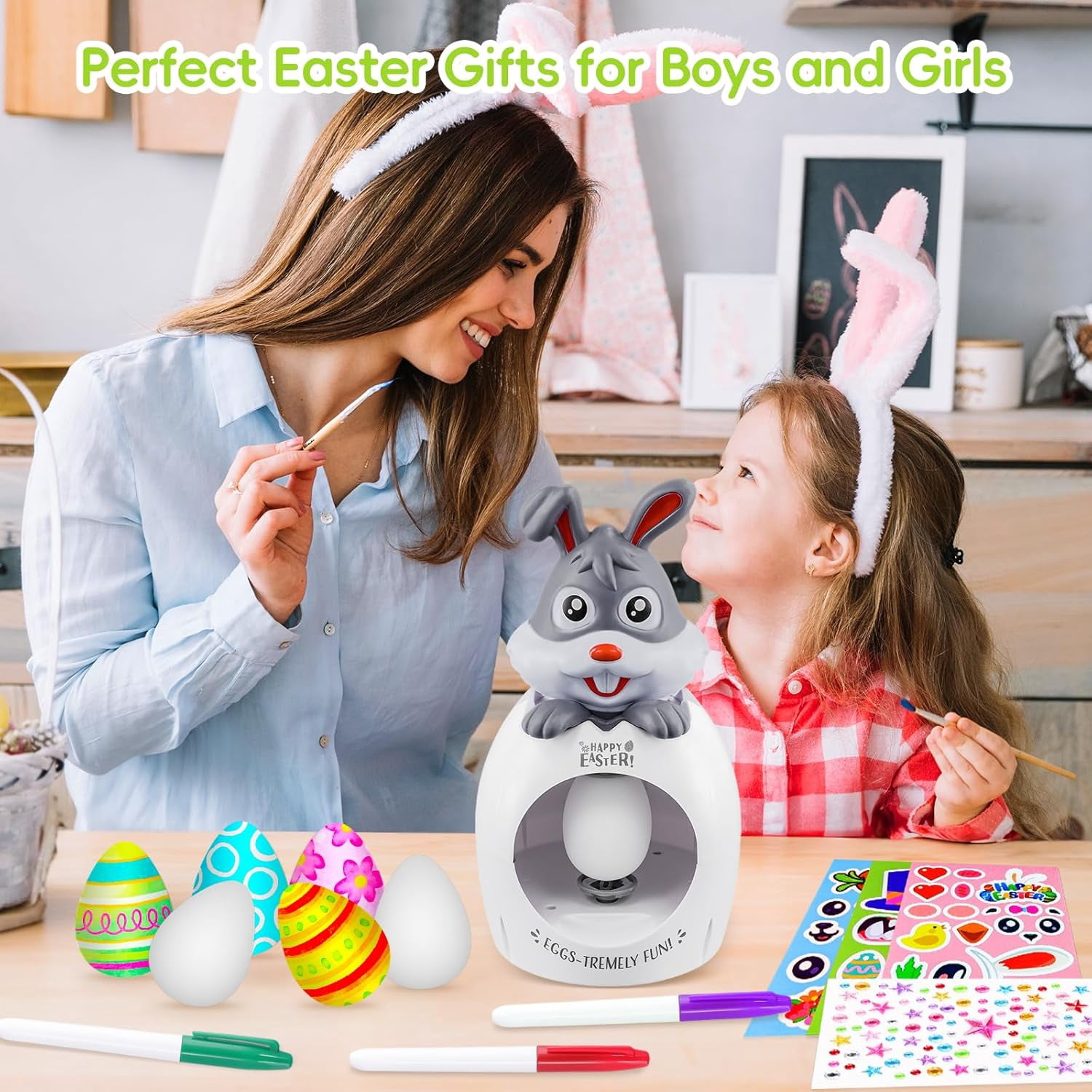 Easter Egg Decorating Kit for Kids, 32Pcs Cute Bunny Egg Decorator Rotator Gifts Crafts with Coloring Markers Fake Eggs Strings Make A Face Stickers for Party Supplies, Birthday, Egg Hunt Game