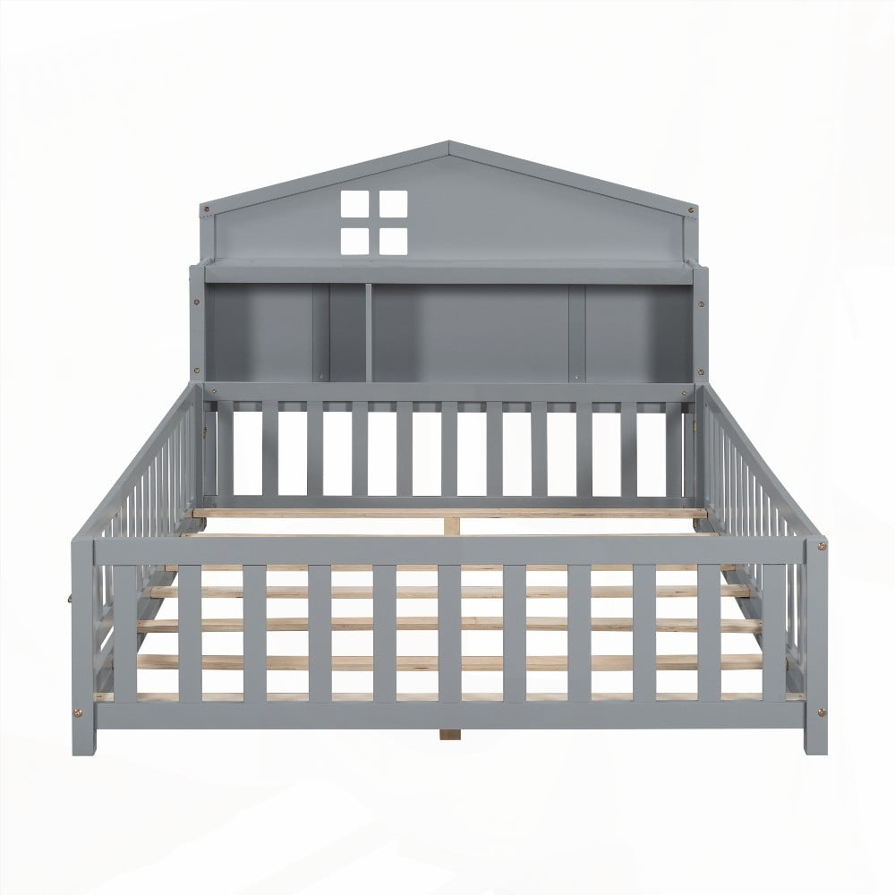 Full-size Montessori Floor Bed - Storage & Fun | Grey