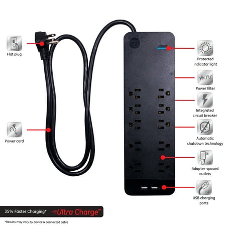 GE - UltraPro 10-Outlet/2-USB Surge Protector - Black