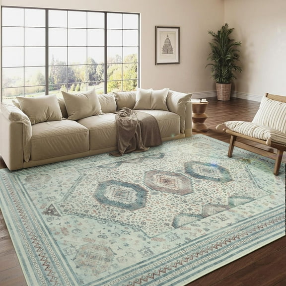 Jamfeel Rugs for Living Room Vintage Print Non-slip Low Pile Area Rug Ultra-Thin Soft Washble Carpets 4' X 6' Beige